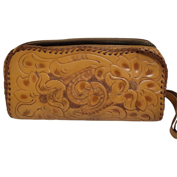 Vintage 1960s Hand Tooled Leather Western Wristlet Clutch Handbag Zip Closure - Picture 2 of 10